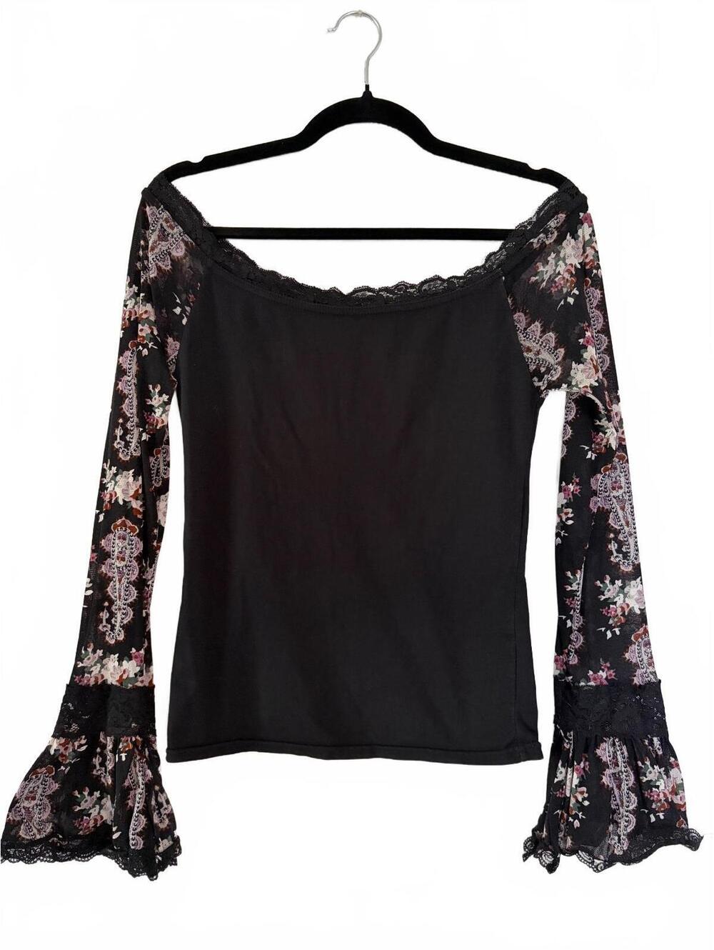 Euro Off Shoulder Top Womens Size 36 Black Floral Mesh Bell Sleeve Lace